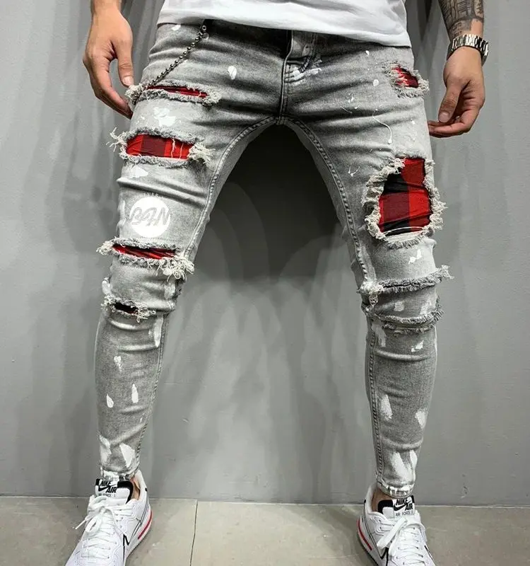 Men's Oversized Trousers With Holes In Grey Black Blue Made Old Casual Slim Fit All-Around Small Foot Jeans