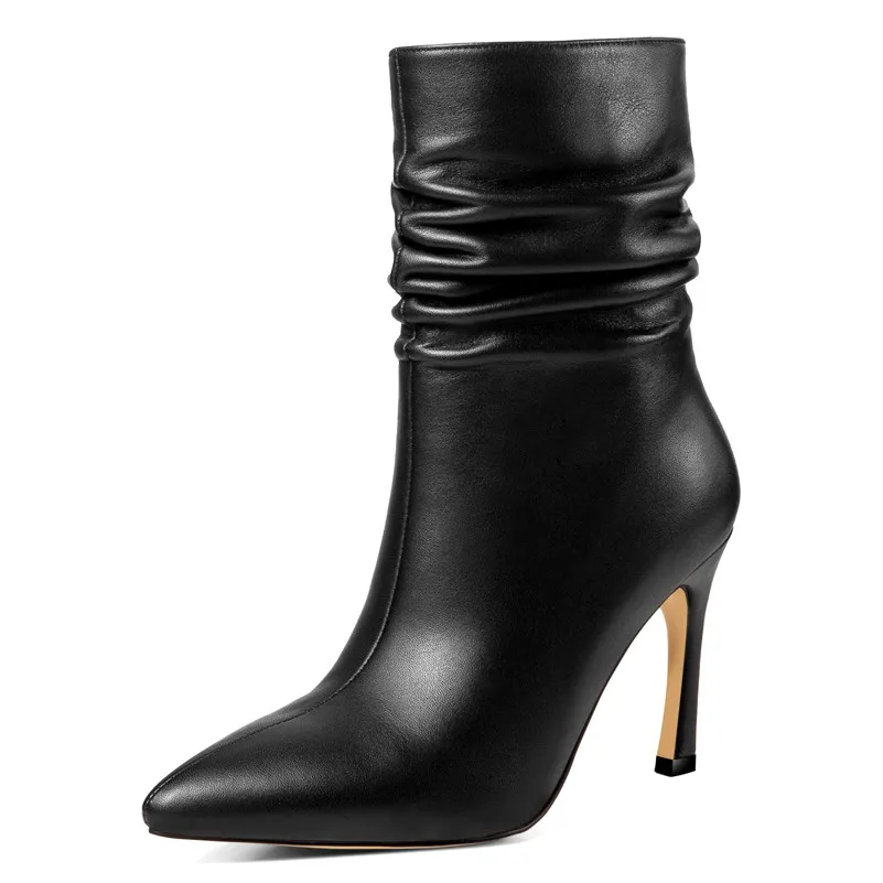 ANNYMOLI Winter Ankle Boots Women Natural Genuine Leather Zip Thin Heel Short Pleated Extreme High Shoes Lady | Обувь