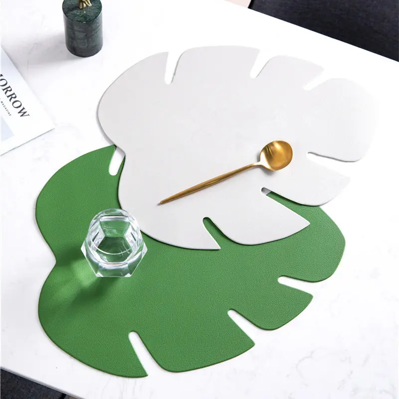 

Artificial Tropical Palm Leaves PU Leather Placemat Insulation Pad Tableware Mats Hawaiian Luau Summer Jungle Party Table Decor
