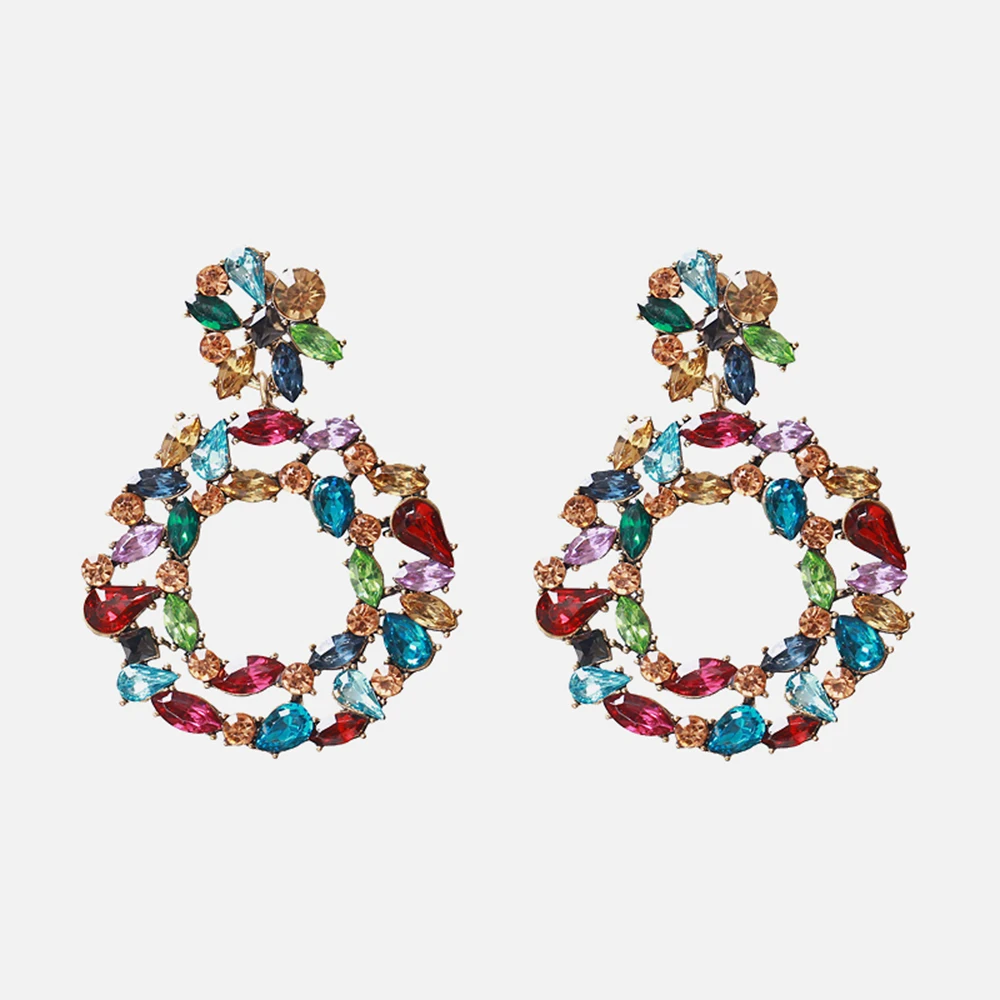 

Exaggerated Crystals Big Circle Earrings For Women Fashion Vintage Colorful Dangle Drop Earring Female Statement Jewelry Party