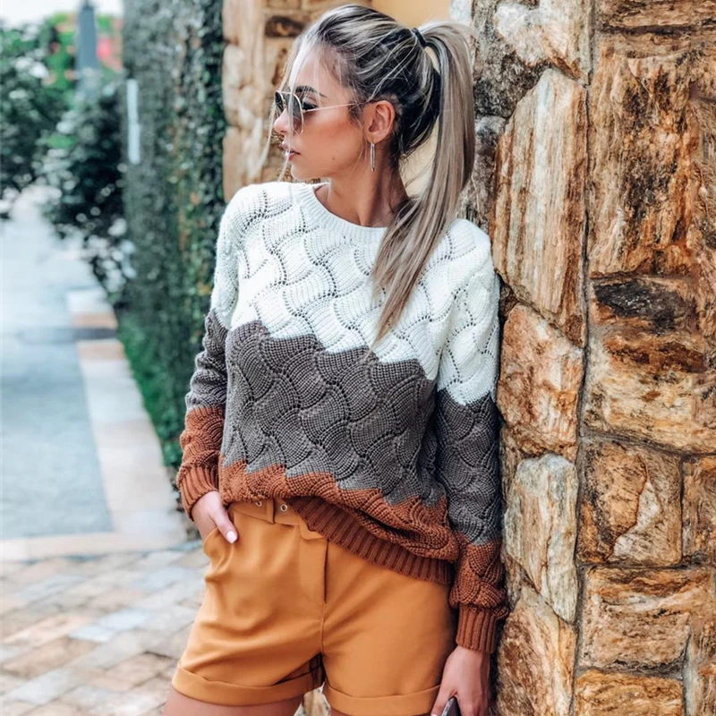 2019 Women Winter Long Sleeve Crewneck Knitted Pullover Sweater Vintage Splice Autumn Ladies Jumper Mit Streifen | Женская одежда