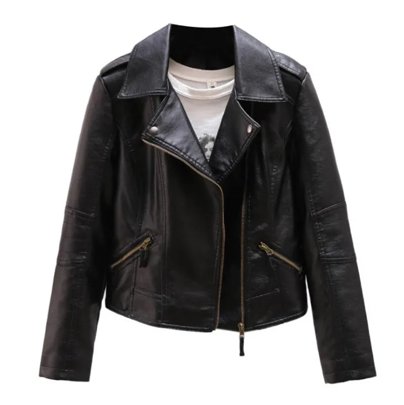 

New Women Spring Autumn Black Faux Leather Jackets Zipper Basic Coat Turn-down Collar Motor Biker Jacket