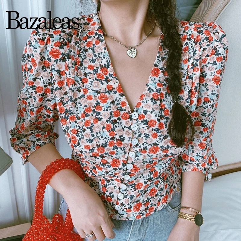 Блузка Bazaleas с французскими центральными пуговицами Элегантная блузка принтом
