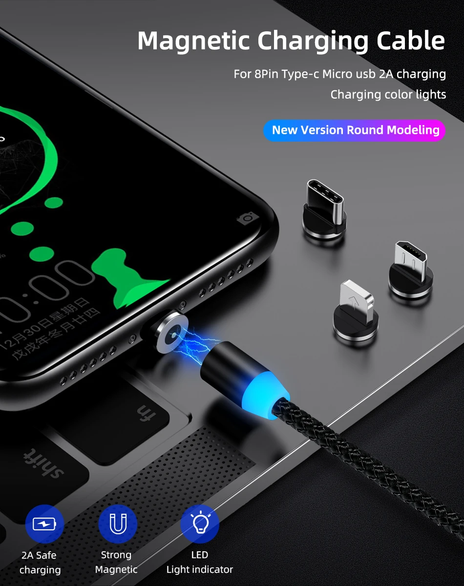 Магнитный usb-кабель для быстрой зарядки 2,1 А, Тип C, микрокабель, светодиодный, с нейлоновой оплеткой, type-C, магнитное зарядное устройство для iPhone XS X 7, samsung, 1 м, 2 м