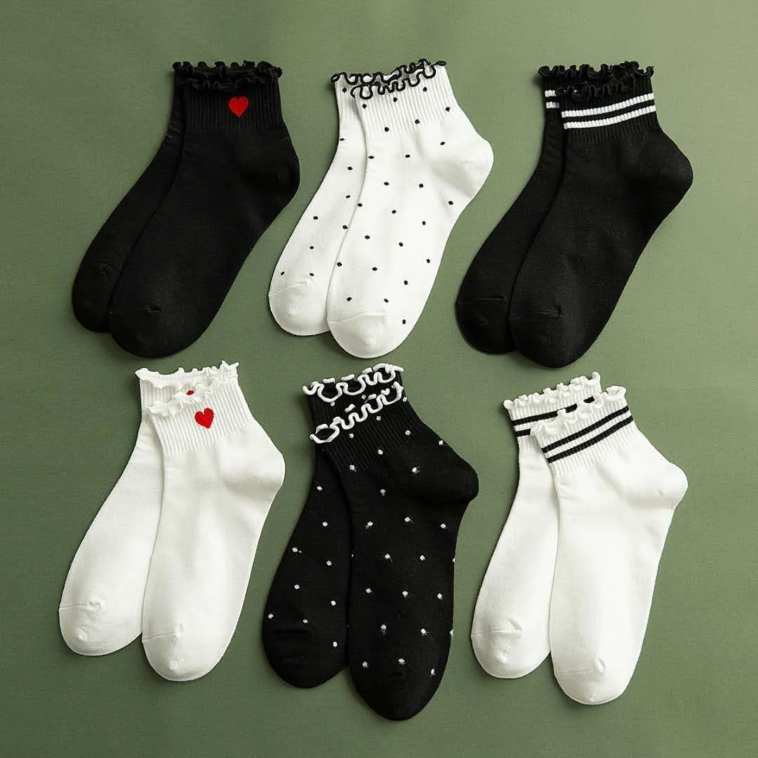 

Women's Stockings Red Heart Prints, Socks with Striped White and Black Polka Dots, of Cotton for Girls