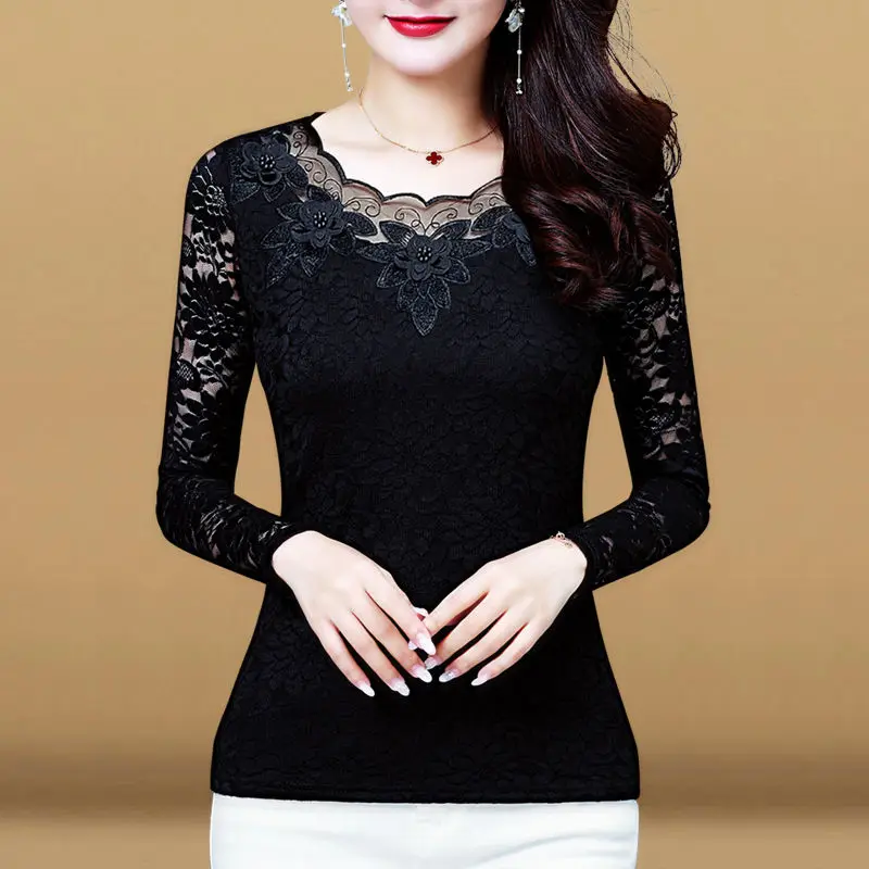 

Women's Spring Autumn Style Lace Shirt Women's Solid Color Embroidery O-neck Long Sleeve Korean Elegant Tops SP8694