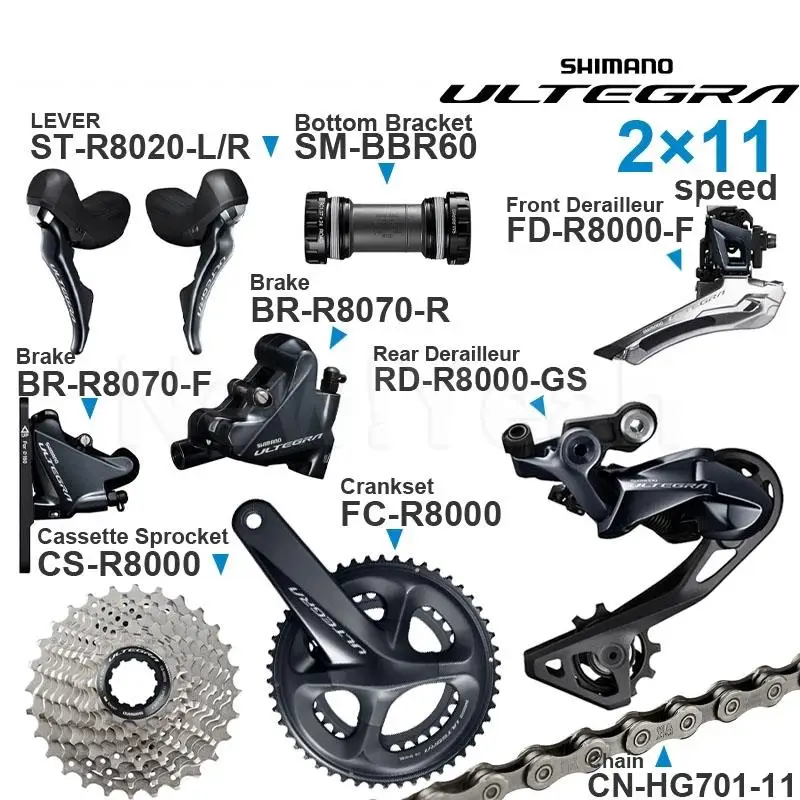 SHIMANO ULTEGRA R8020 2x11v Groupset with R8070 Brake R8020 ST Lever Cassette Sprocket Chain Front/Rear Derailleur for Road bike