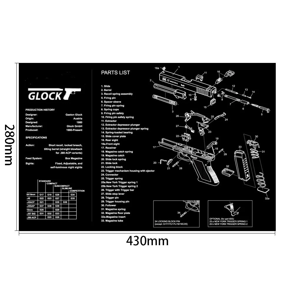 Коврик для чистки пистолета Glock Gen4 Gen5 42 43 Gunsmith со схемой деталей и инструкциями