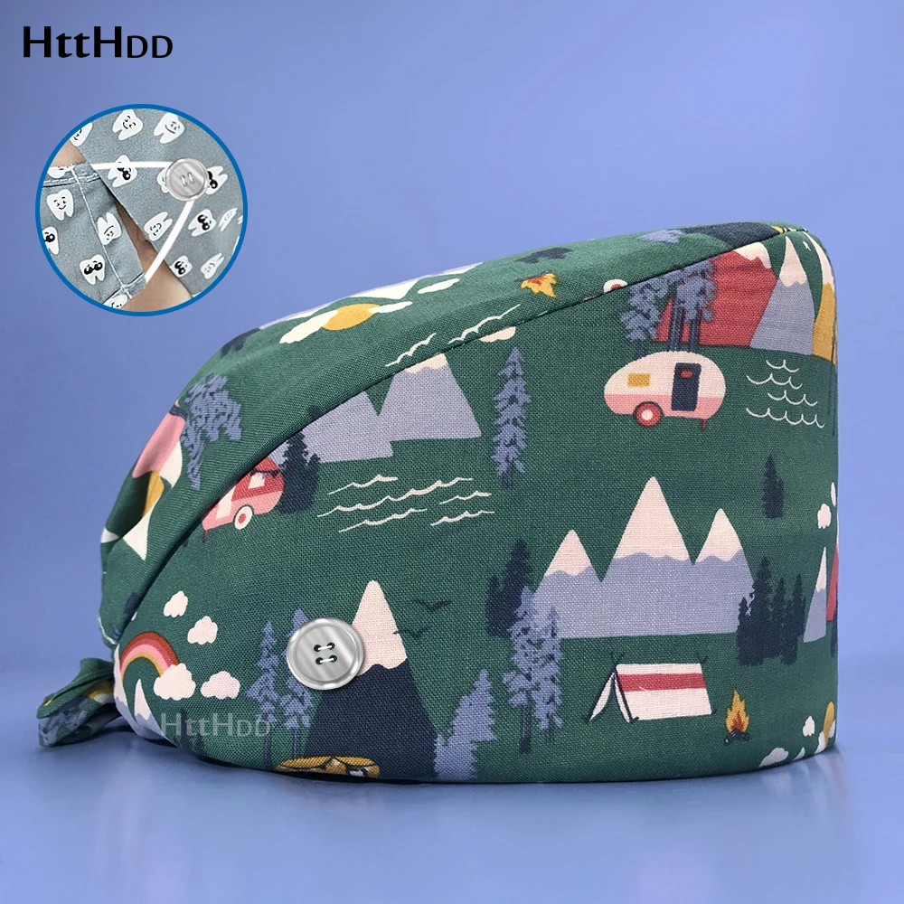 

Fashion Unisex Hair Salon Printed Spa Scrub Cap Long Hair Available Work Cap Dentist Nurse Adjustable Care Breathable Scrub Caps
