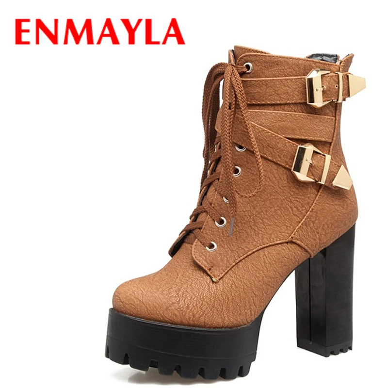 

ENMAYLA Winter Autumn Ankle Boots for Women Lace-up Platform Buckle Punk Shoes Women Chuky Heels Metal Rock Shoes Woman boots