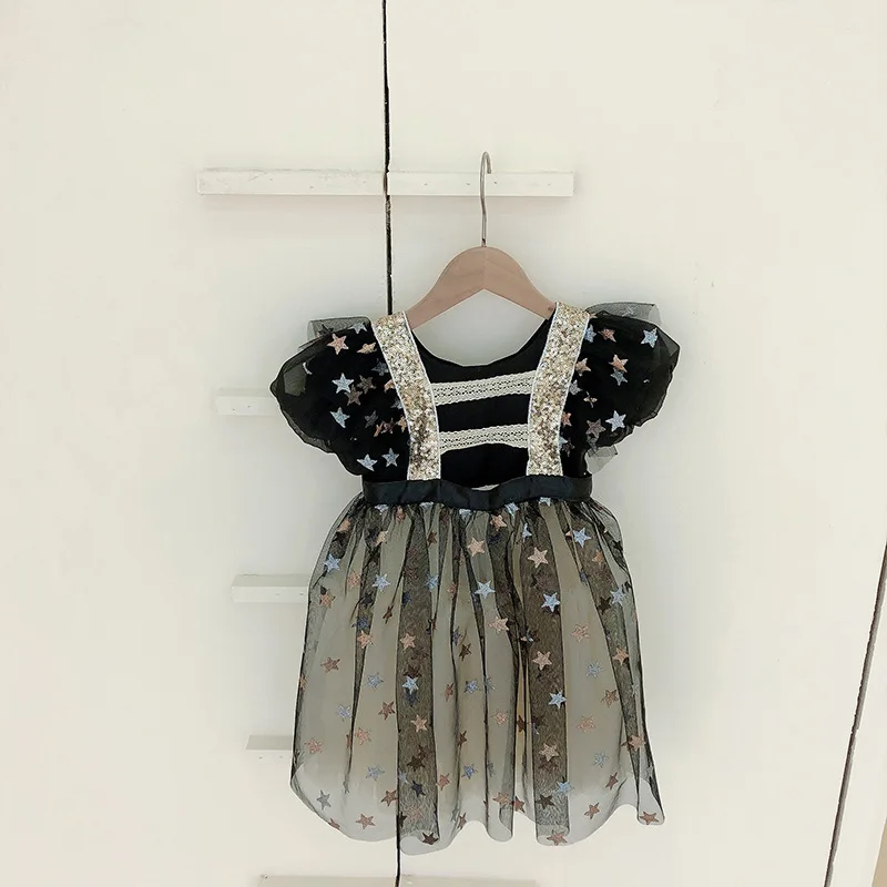 

2021 Summer kids dress star pattern shining short sleeve sweet toddler kids dresses size 90-150