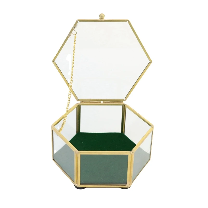 

Vintage Golden Glass Lidded Box Decorative Jewelry Keepsake Display Organizer Clear Hexagonal Box Rings Bracelet Golden for M0XF