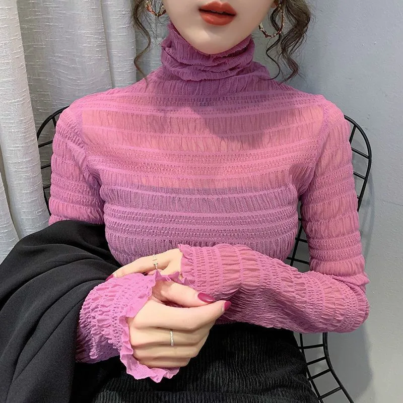 

2021 New Fashion Women's High-neck Tops Slim All-match Women's Long-sleeved Tops L Hollow Lace Inner Tops Girls T-shirts