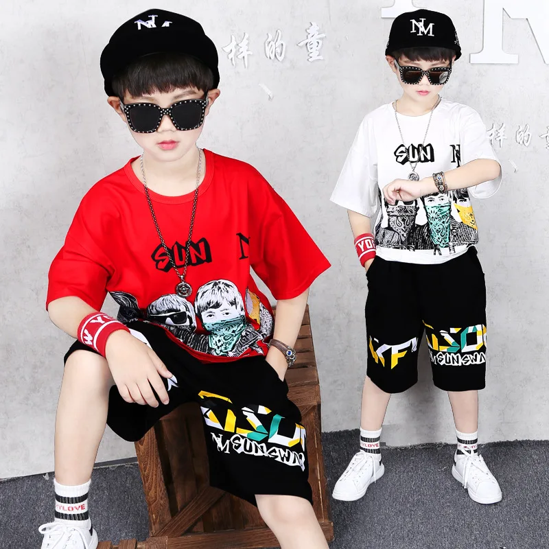 

Summer Children Clothes Set For Boy Cotton T-shirt+Shorts Sports Suits Kids Tracksuit Teen Boys Clothing Hip-hop Dancing Outfits