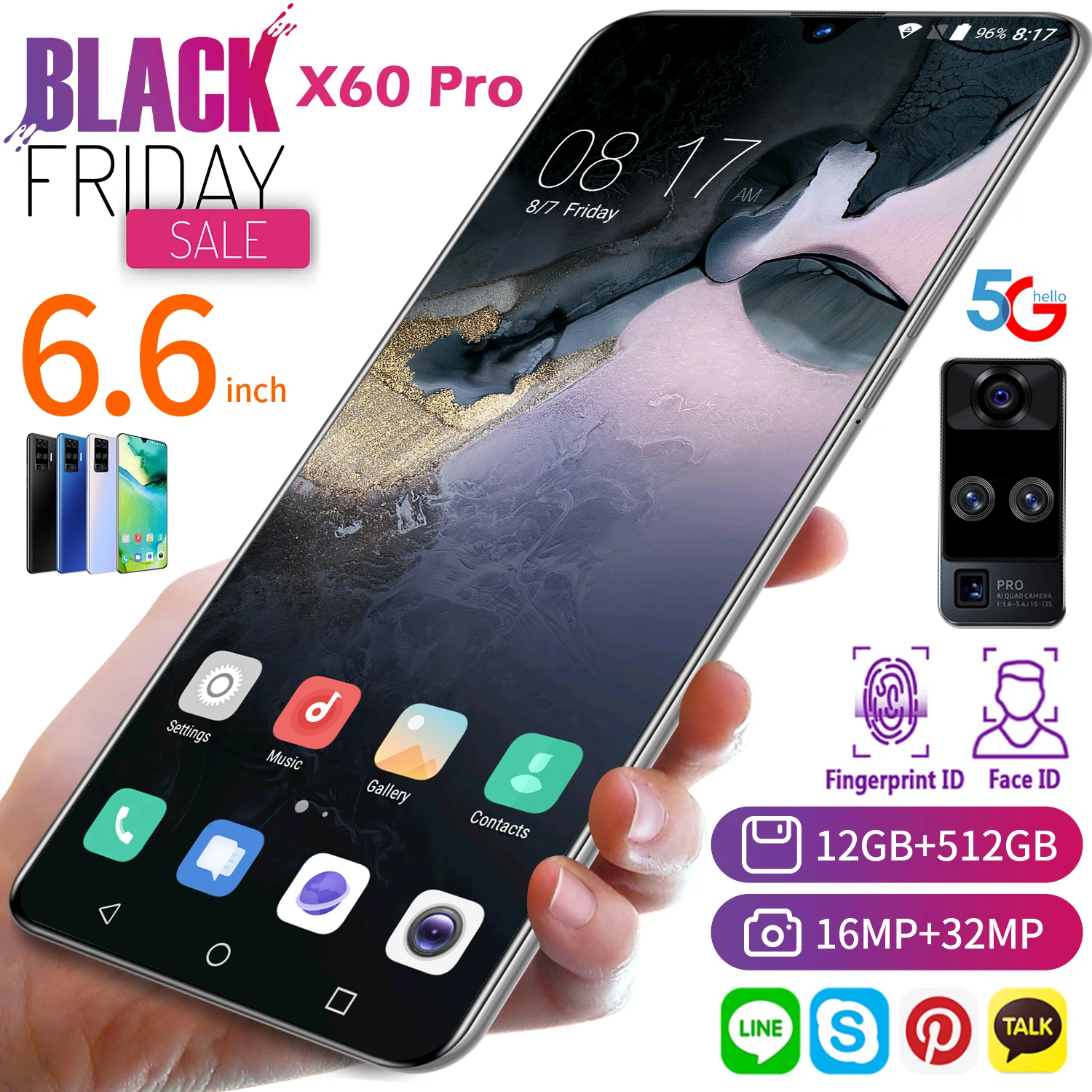 

Global Version 6.6Inch X60 Pro Smartphone Android 10.0 Octa Core 5000mAh 12+512G Cellphone Fingerprint Unlock 5G LTE Mobilephone
