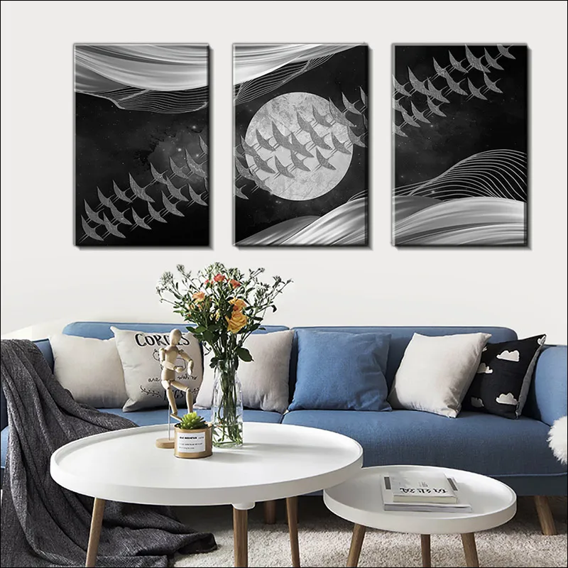 

Black and White Style Abstract Painting, Bird Poster, Ribbon Line Aesthetics, Bright Moon Geometry and Printmaking, Nordic Wall