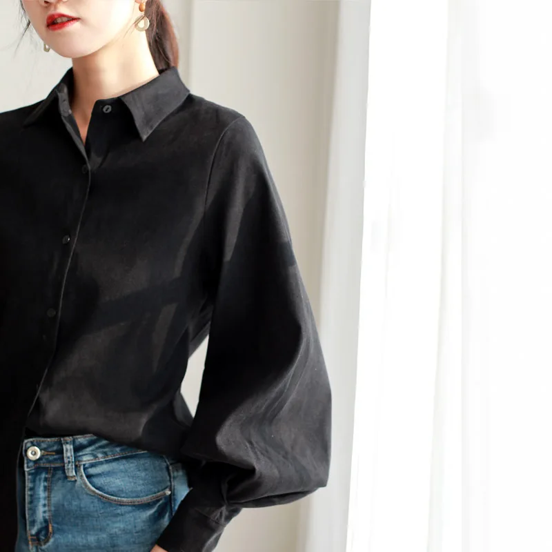 

kywommnz Korean Lapel Single Breasted Shirt Women Fashion Brushed Lantern Sleeves Loose Thin Blouses Top Spring Autumn 2021 E537