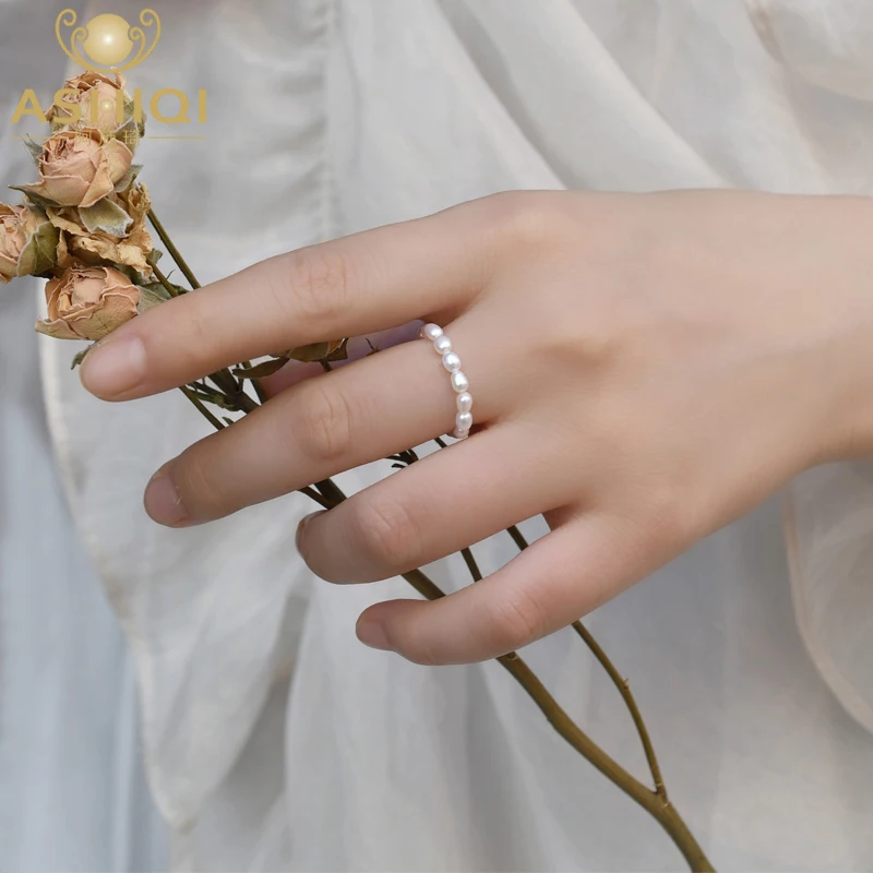 

ASHIQI 2-3mm natural freshwater pearl ring real 925 sterling Silver fashion jewelry for women