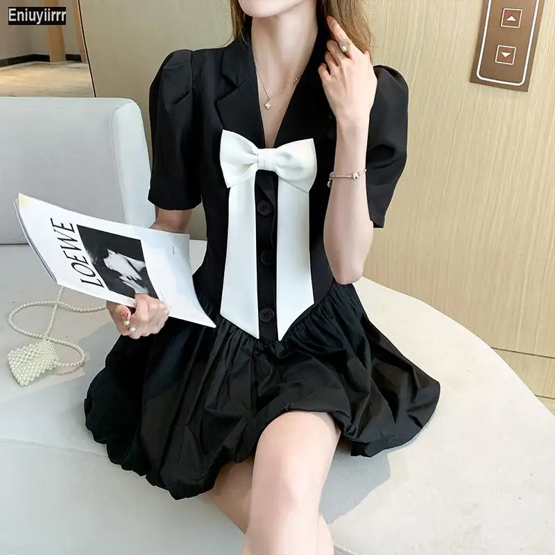 

2021 новые летние женские французский Стиль вечерние милые большой бант галстук-бабочка маленькое черное женский шить Пышное Платье
