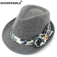 showersmile grey women fedora hat classic bow wool hat felt vintage autumn winter tweed british jazz hat elegant caps fashion