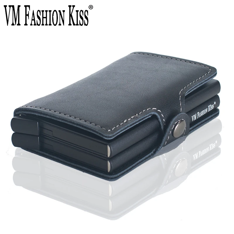 VM FASHION KISS Genuine Leather Double Aluminum Box RFID Safe Card Wallet Credit Card Information Anti-theft Brush Card Holder