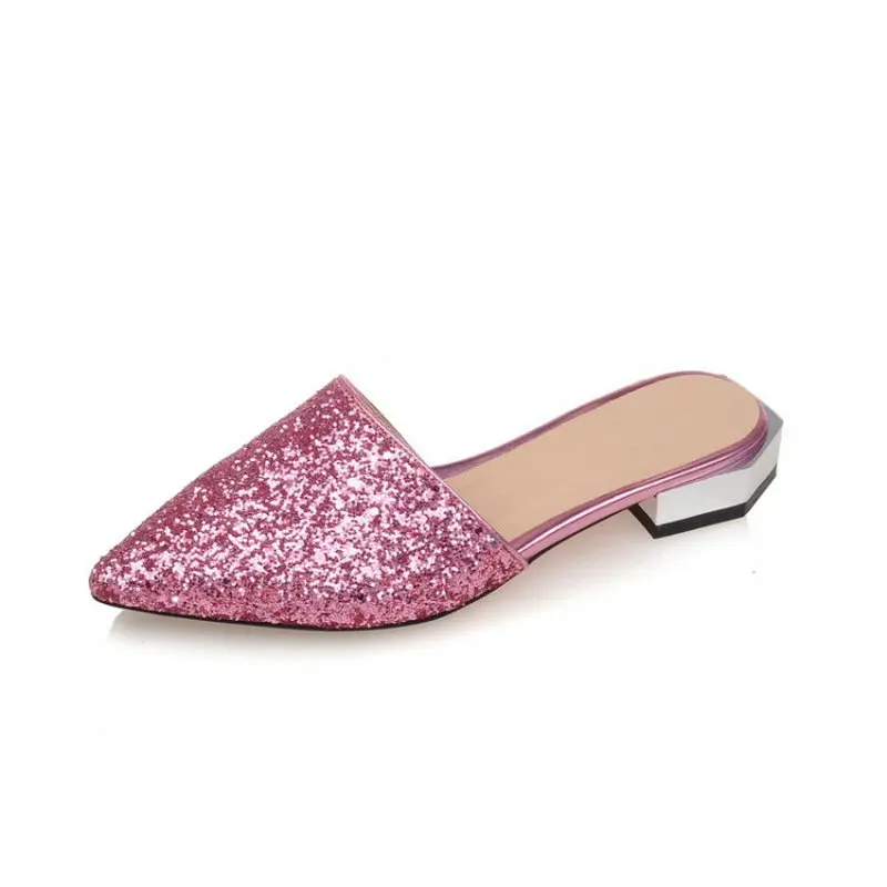 ZawsThia fashion sequined glitter woman sandals slides silver bling crystal low heel flat slippers women mules large size 42 43 | Обувь