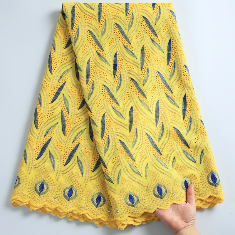 

Кружевная желтая вышитая африканская кружевная ткань SJD, сетчатая швейцарская вуаль, хлопковая ткань, яркий бриллиант, нигерийская ткань дл...