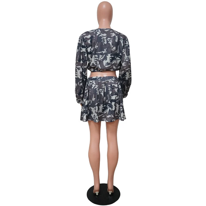 

Camouflage Print Women Spring Two Piece Set Long Sleeve Crop Top And Mini Skirt Casual Streetwear Outfit