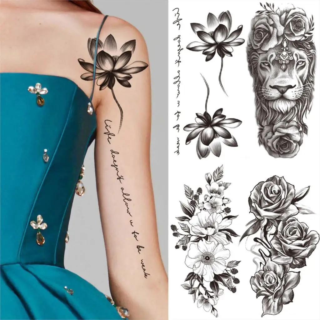 

Временные татуировки для женщин и мужчин, Эротичные наклейки с имитацией татуировки в виде цветка розы, Льва, уникальные тату-наклейки с пол...