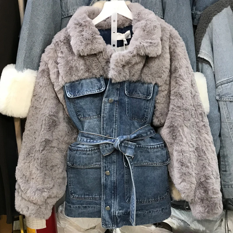 Женская джинсовая облегающая куртка с искусственным мехом на зиму и осень Теплая