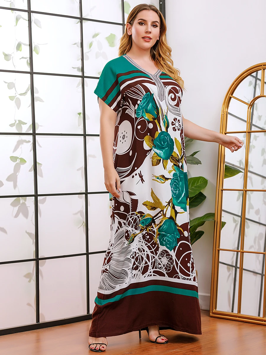 

Short Dresses Summer Woman Vintage Printed Long Maxi Dress Large Plus Size Casual Loose Short Sleeve Female Robe Kaftan 2021