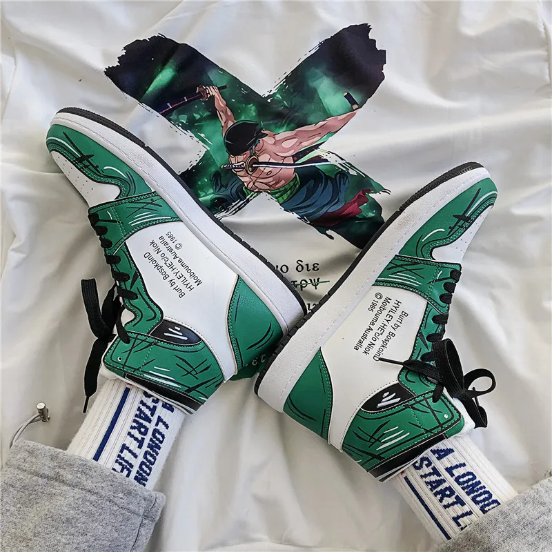 Autumn Winter Fashion Green Men's Anime Shoes Leather Flats Boots High Men Skateboard Sneakers Vulcanized Shoes Zapatillas Skate