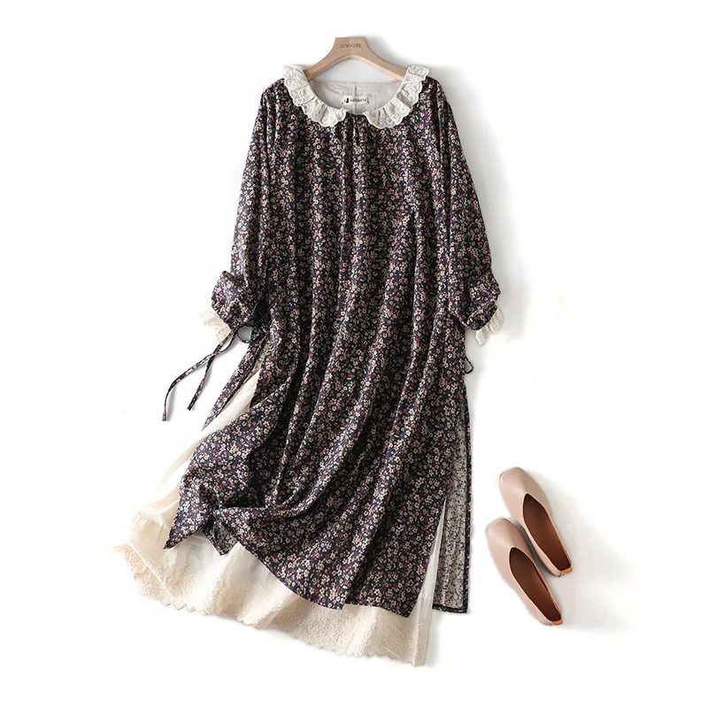 

Vintage Japanese style lace peter pan collar long sleeve rustic flowers print cotton layers dress 2020 autumn