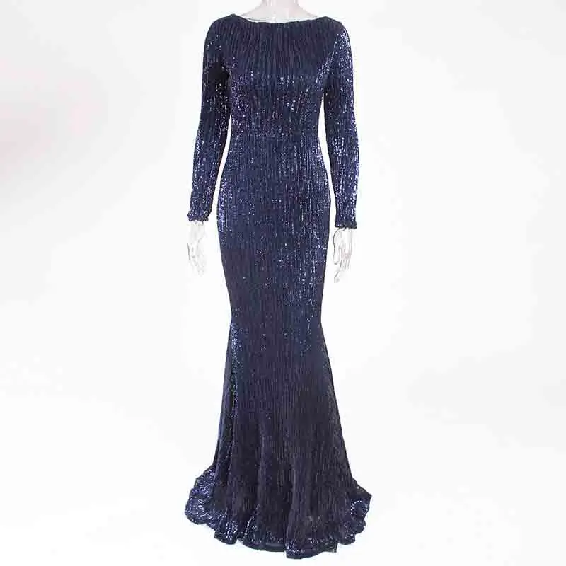 Navy Blue Длинные рукава, эластичные блестящие вечерние платья в пол с блестками, круглый вырез, плотная посылка, бедра, полная подкладка, молния, цвета шампанского, золотой, черный, зеленый - Цвет: Navy Blue