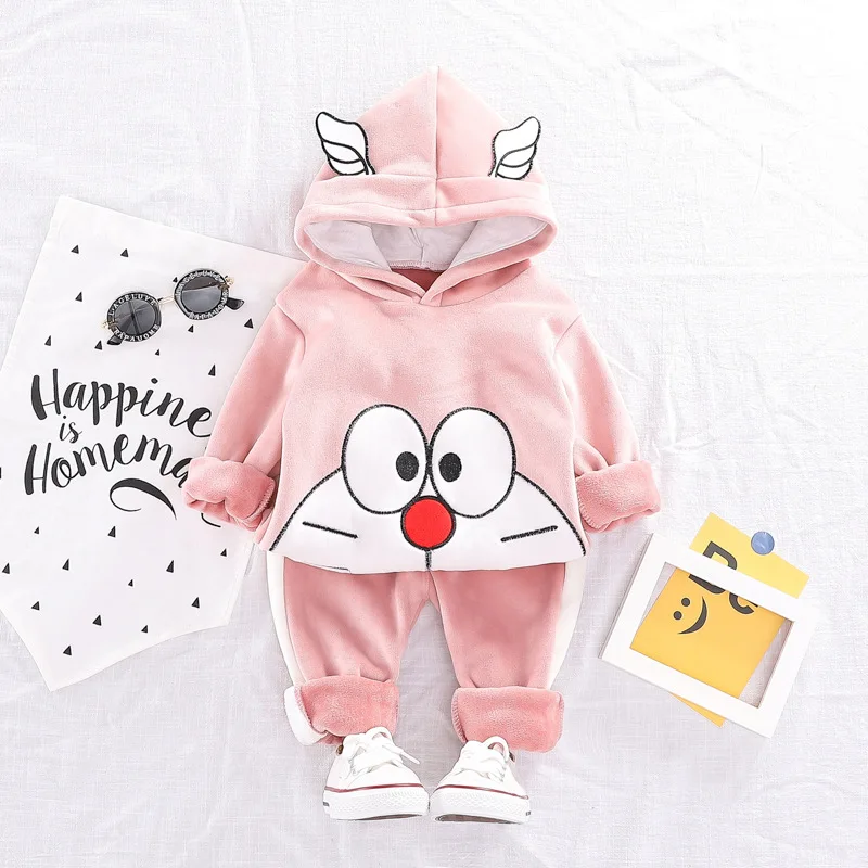 Pink Зимний бархатный костюм с капюшоном для малышей Толстовка с капюшоном и рисунком для маленьких мальчиков и девочек+ штаны, комплект для малышей из 2 предметов, хлопковая плотная фланелевая Одежда для новорожденных - Цвет: Pink