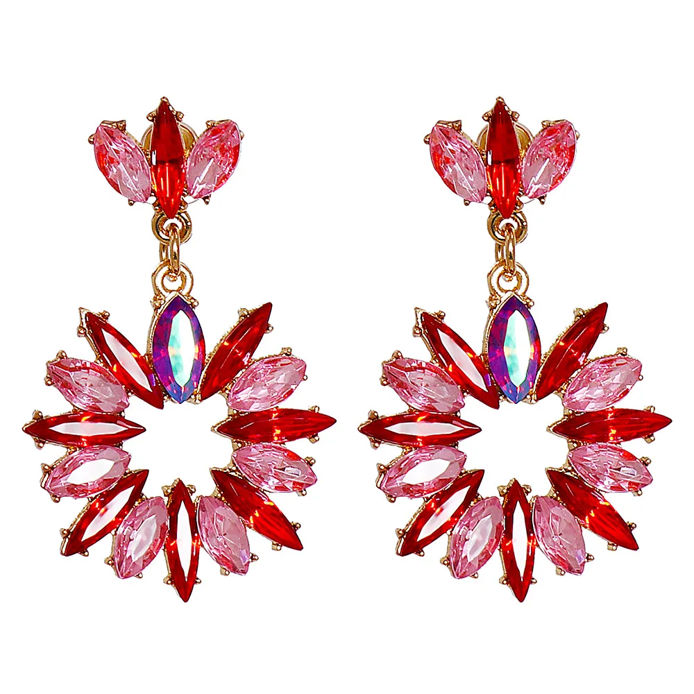 

Retro Women Statement Drop Earrings Round Rhinestone Fashion Party Ladies Dangle Earrings Pink Shinny Luxury Jewelry Gift HT136