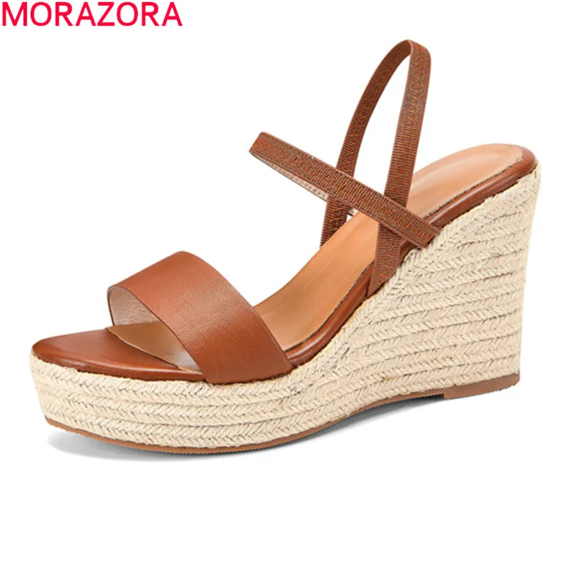 

MORAZORA 2021 Summer Genuine Leather Women Sandals Fashion Wedges Platform Party Shoes High Heels Ladies Sandals Apricot
