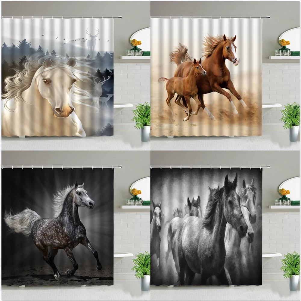 

Занавеска для душа с принтом лошадей, водонепроницаемая тканевая занавеска для ванной комнаты в виде s-образных животных на ферме, фон для с...