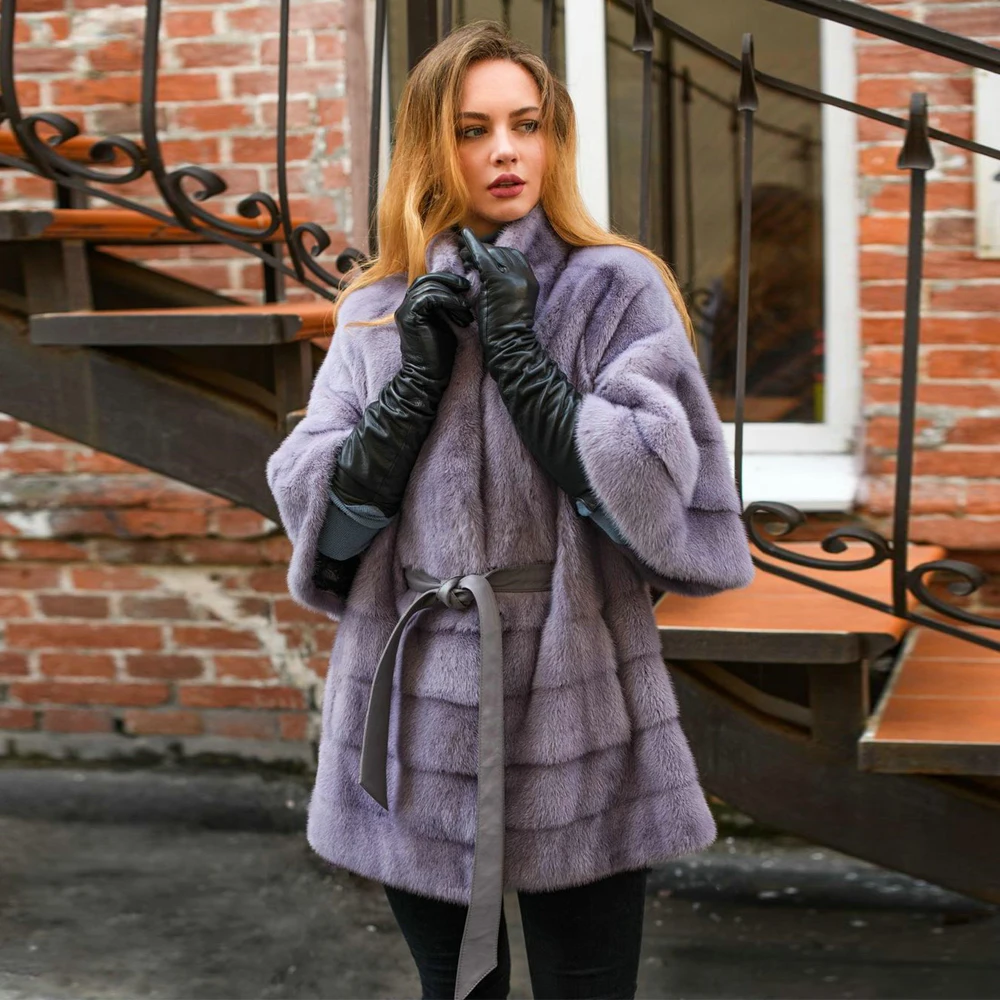 Женская Шуба из натурального меха норки с воротником-стойкой | одежда