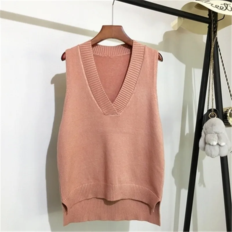 Solid V-neck Knitted Vest Women Loose Sleeveless Sweater Vest Autumn And Winter New Korean Wild Casual Pullover Khaki Jumper