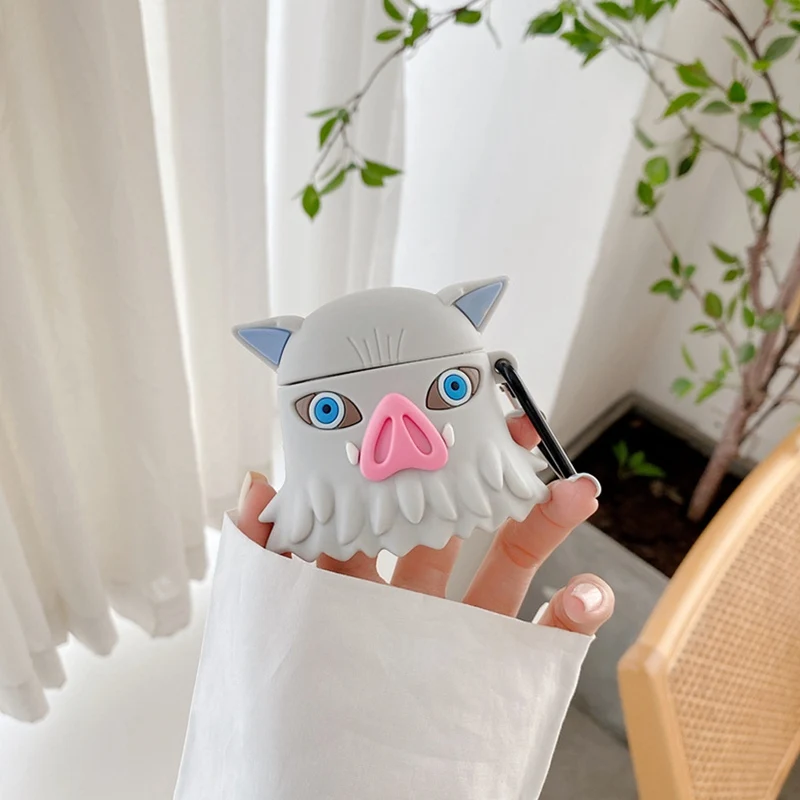 

For Cartoon Anime Demon Slayer: Kimetsu No Yaiba Hashibira Inosuke Devil Pig Silicone Case Cover with Carabiner for Airpods 1/2