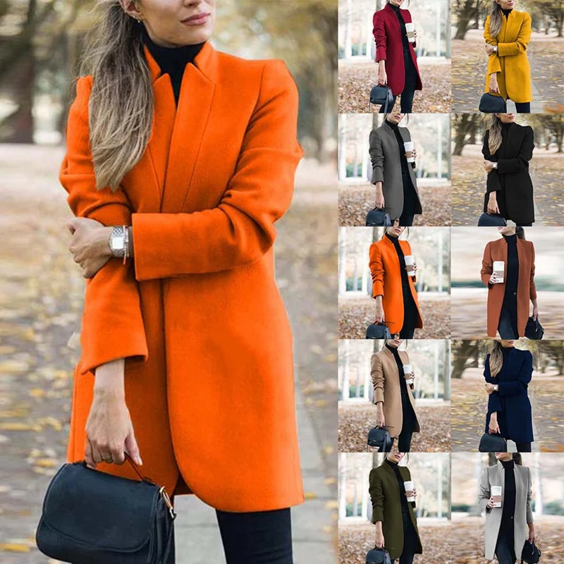 

Women's Fashion Casual Solid Color Stand Collar Woolen Long Sleeve Jacket