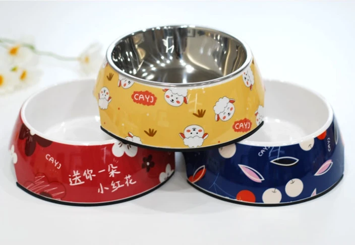 

2021 new stainless steel dog bowl food bowl double melamine cat bowl pet bowl feeding and drinking cat supplies