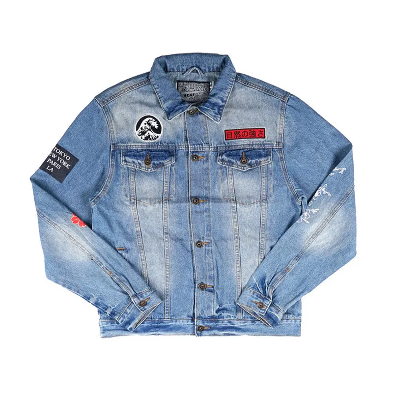 

ABOORUN 2021 Men's Harajuku Denim Jackets Waves Embroidery Patchwork Jean Jackets Hip Hop Cotton Coat for Male