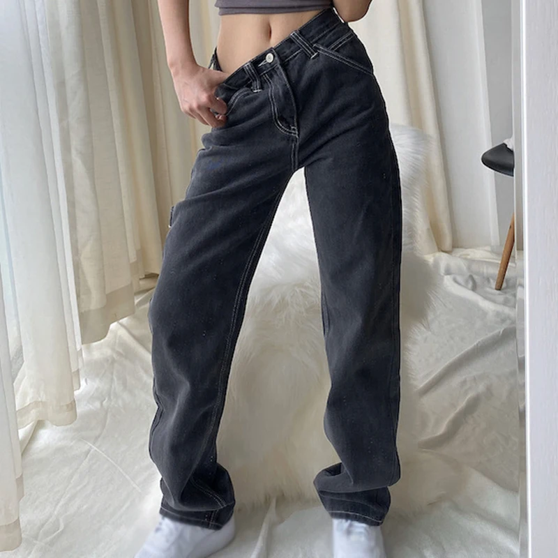Джинсы с высокой талией и широкими штанинами женские свободные повседневные
