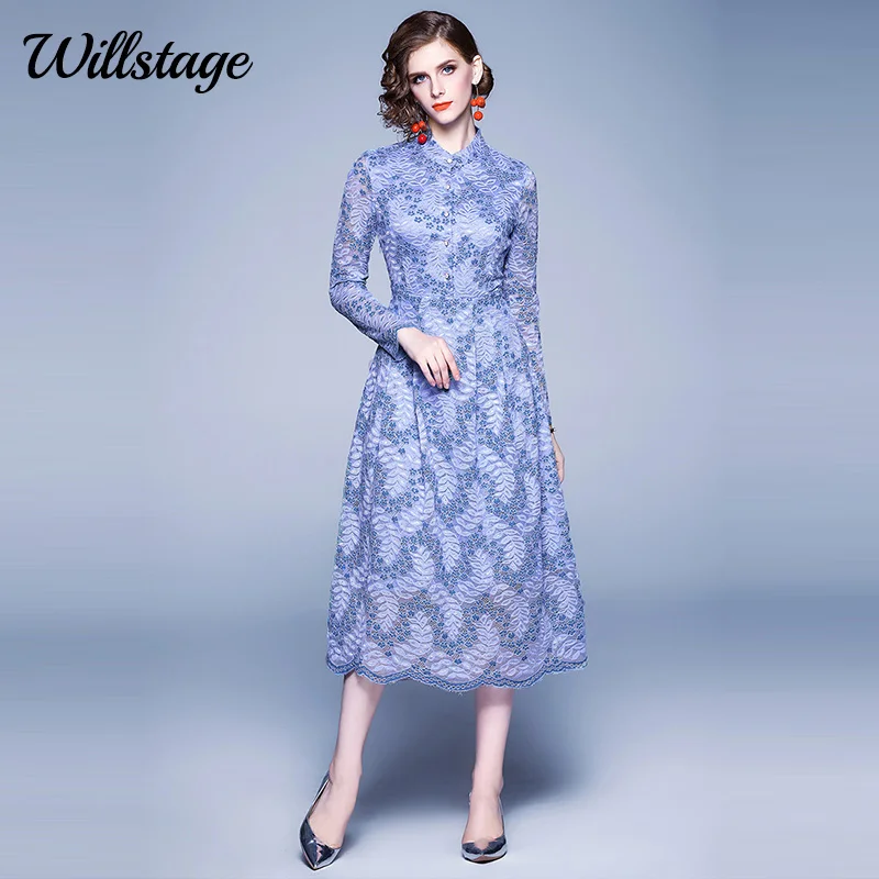 Женское кружевное платье Willstage синее элегантное тонкое с длинным рукавом