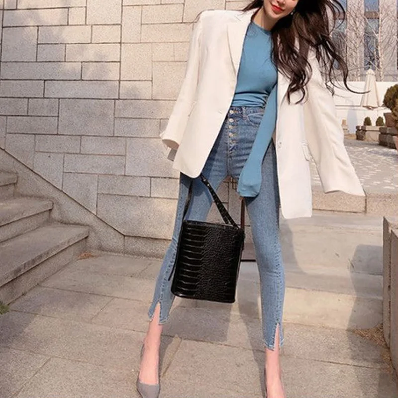 Женские винтажные однобортные джинсы эластичные брюки-Капри с высокой талией