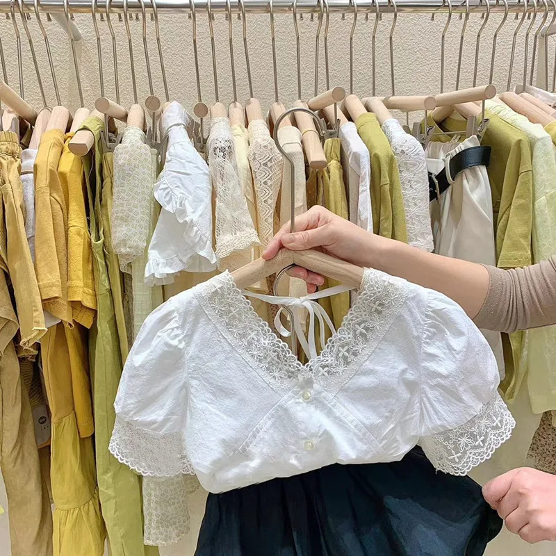 Летняя детская одежда для подростков Модная Корейская кружевная блузка с