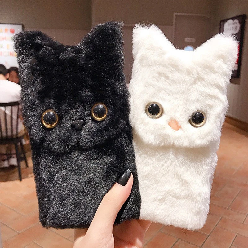 

GalaxyM21 Soft Warm Plush Cute Cat Case Pure Color Animal Phone Bag Cat Ear Silicone Cover For Samsung Galaxy M21 6.4inch