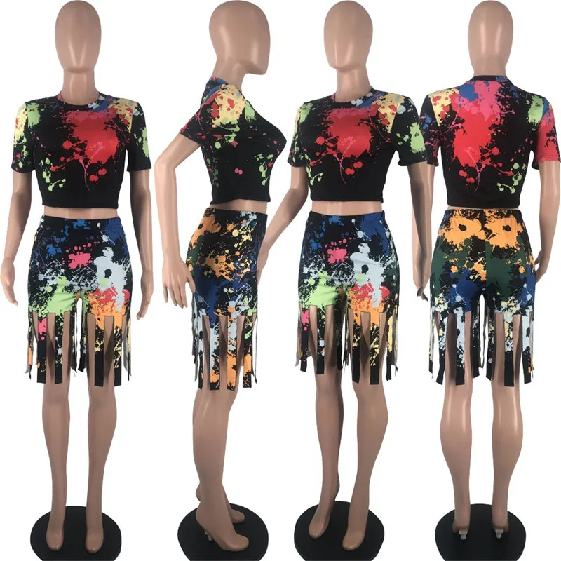 

2021 splash-ink printing sports fitness suit short-sleeved crop top and fringed pants casual party streetwear 2-piece set